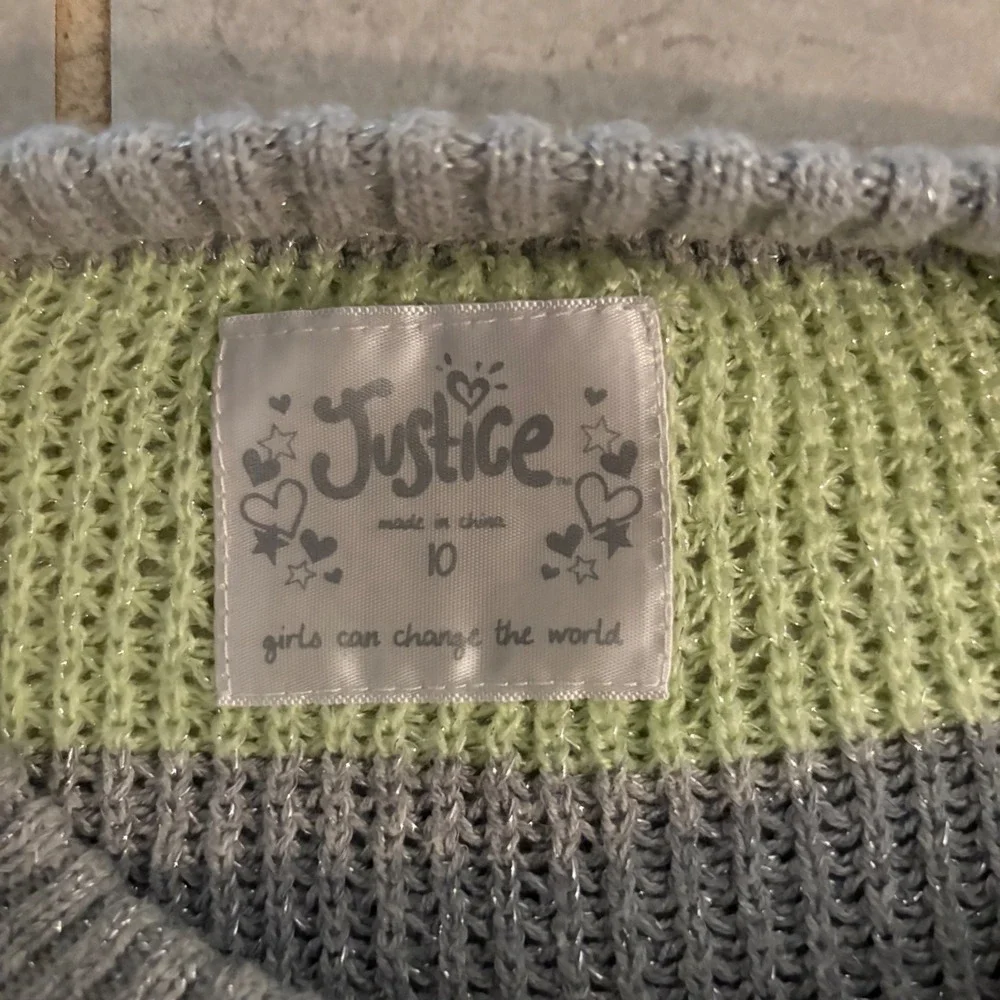 Justice Lime Green & Grey Striped Sparkle‎ Knit Pullover Sweater (Girls 10)